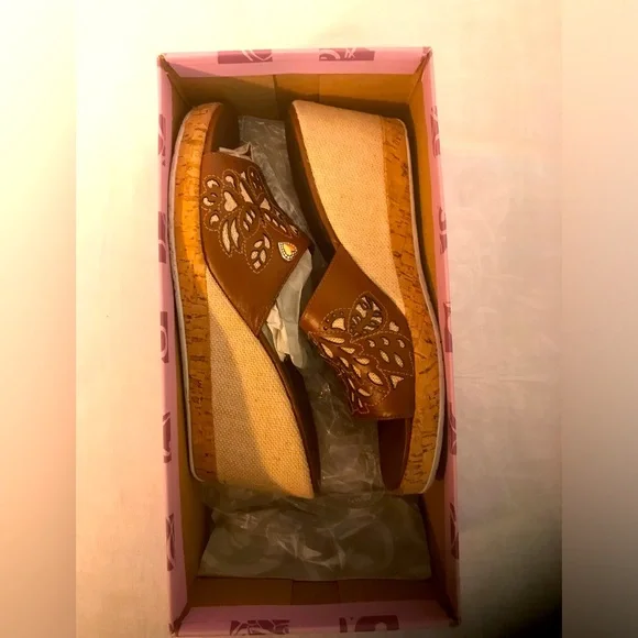 Brighton Moira Caramel Calf Leather with Natural Linen Wedge Sandals 7 1/2 Med - Picture 10 of 12